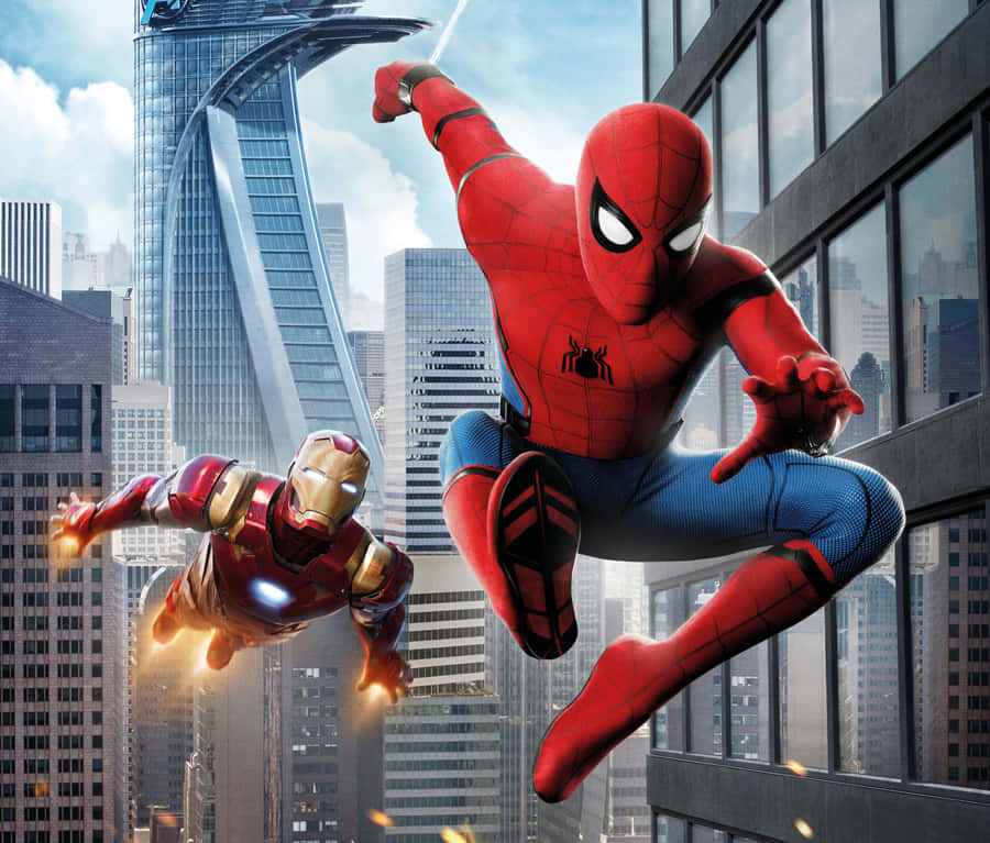 Spider - Man And Iron Man Flying In The Air Wallpaper