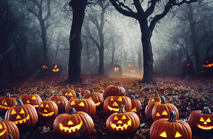 Spooky Halloween Pumpkin Sitting On A Leafy Bed Wallpaper