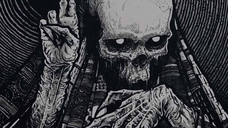 Spooky Halloween Skeleton Sitting On Tombstone Wallpaper