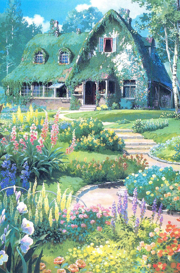 Spring Iphone Garden House Painting Wallpaper