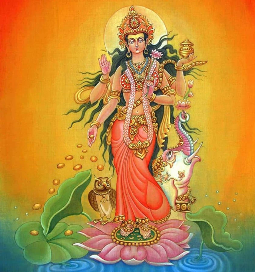 Standing Lakshmi Devi On A Pond Wallpaper