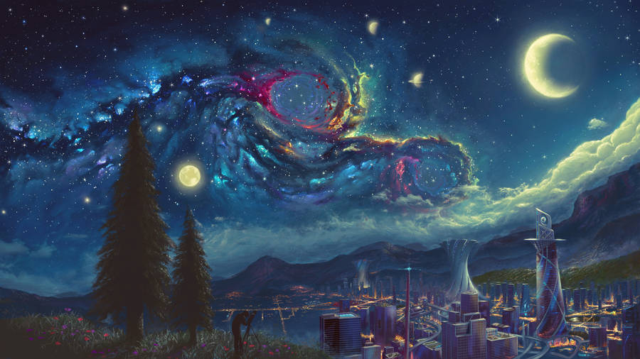 Starry Night Sci-fi Landscape Wallpaper