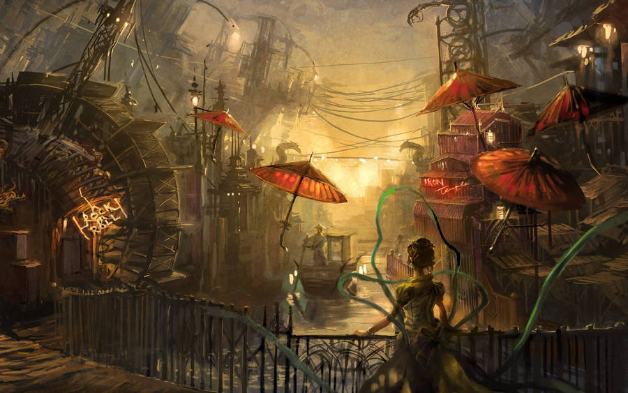 Steampunk Chinatown Comic Art Wallpaper