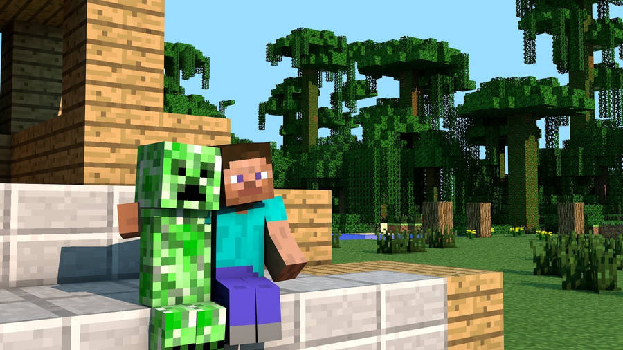 Steve Next To A Creeper Minecraft Hd Wallpaper