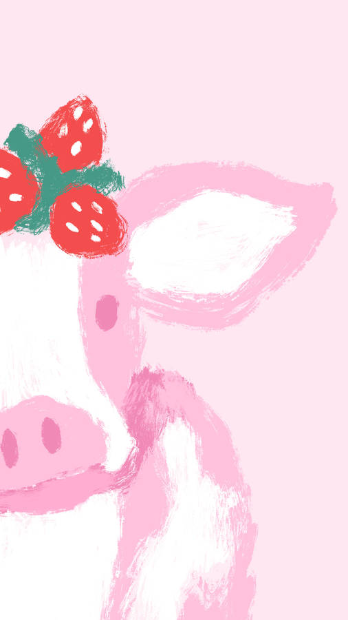 Strawberry Cow Crayon-style Illustration Wallpaper