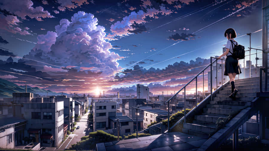 Student Contemplating Sunset Cityscape Wallpaper