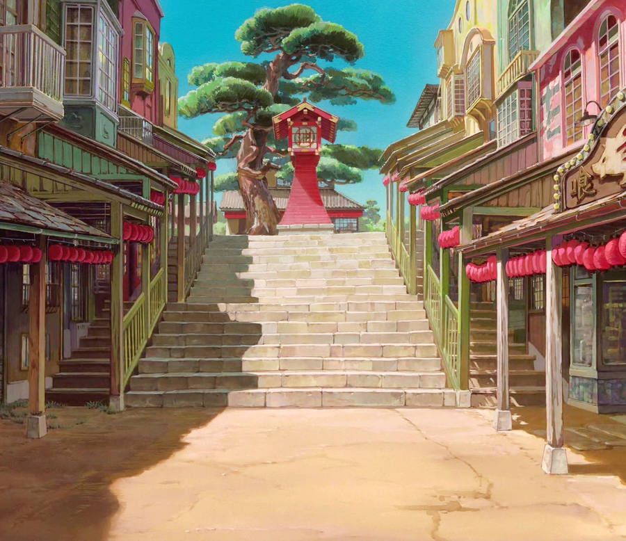 Studio Ghibli Scenery Stairs In Town Wallpaper