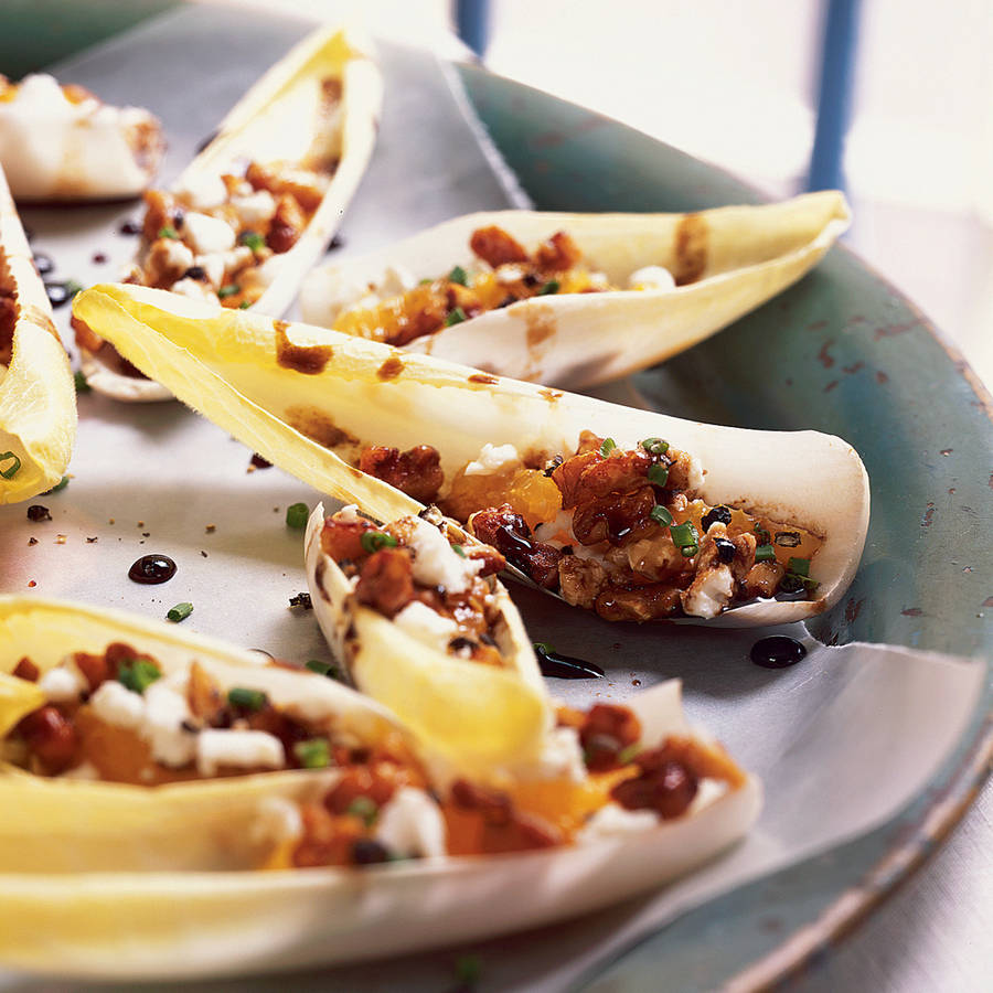 Stuffed Belgian Endive Vegetable Dish On Gray Plate Wallpaper