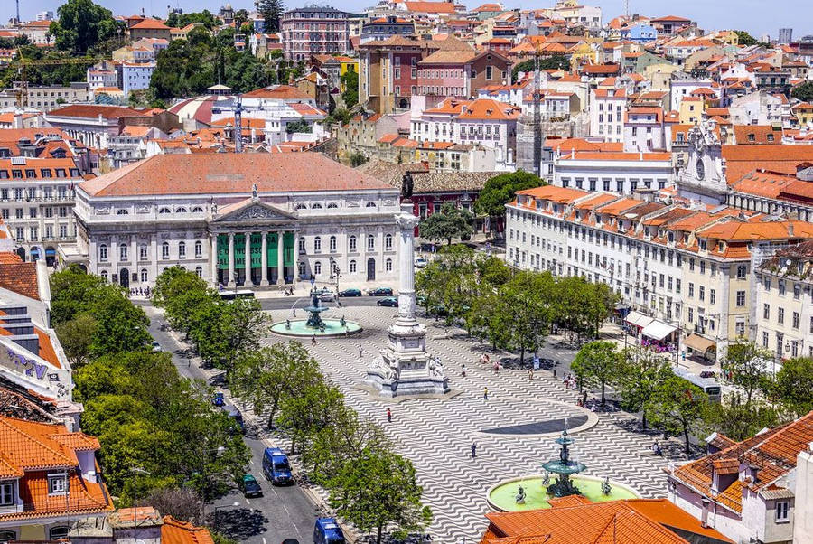 Stunning Aerial View Of Rossio Square In Beautiful Lisbon Wallpaper