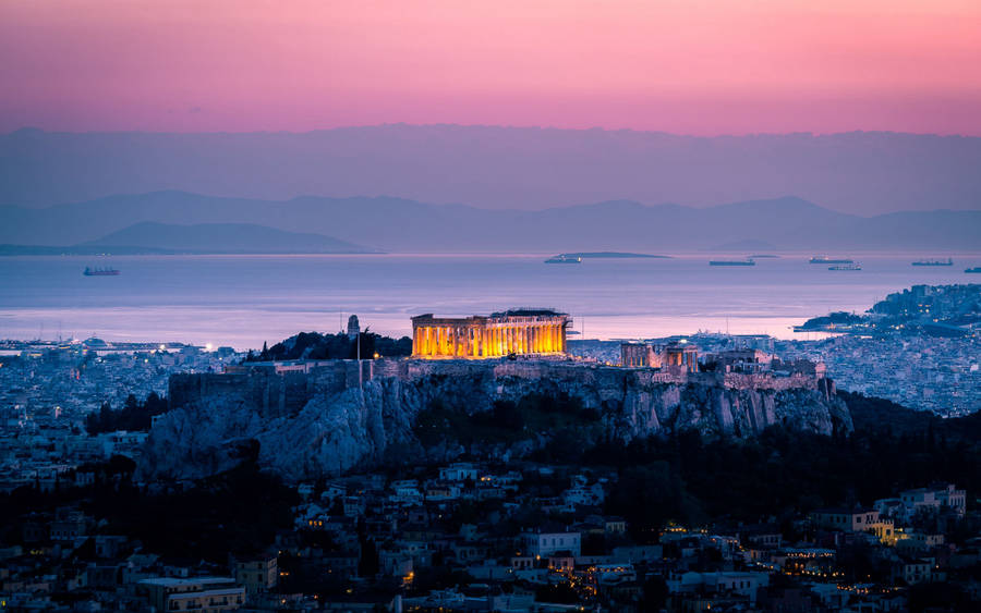 Stunning Athens Ruins In Sunset Wallpaper