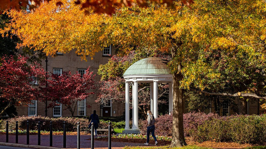 Stunning Image Of The Old Well At The University Of North Carolina Framed By Vibrant Foliage. Wallpaper