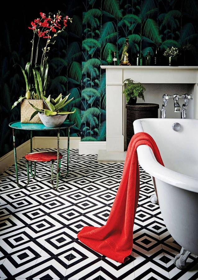 Stylish Bathroom With Geometric Pattern Floor Tiles Wallpaper