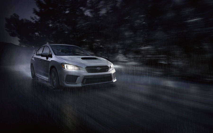 Subaru Driving Under The Rain Wallpaper