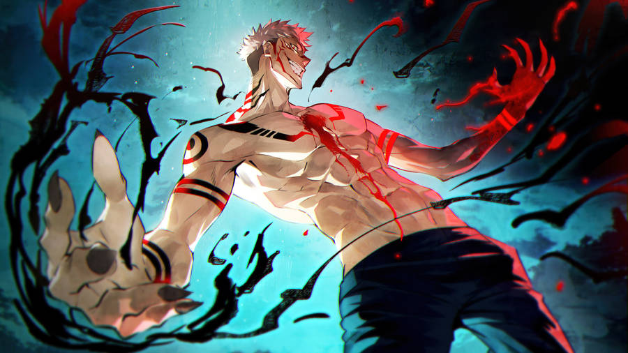 Sukuna Topless With Splattered Blood 4k Wallpaper