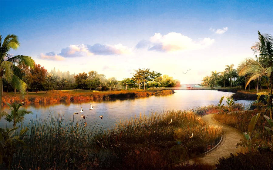 Sunny Lake View Of Nature Wallpaper