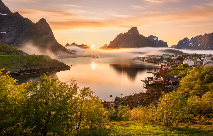 Sunrise Over Lofoten Village Norway Wallpaper