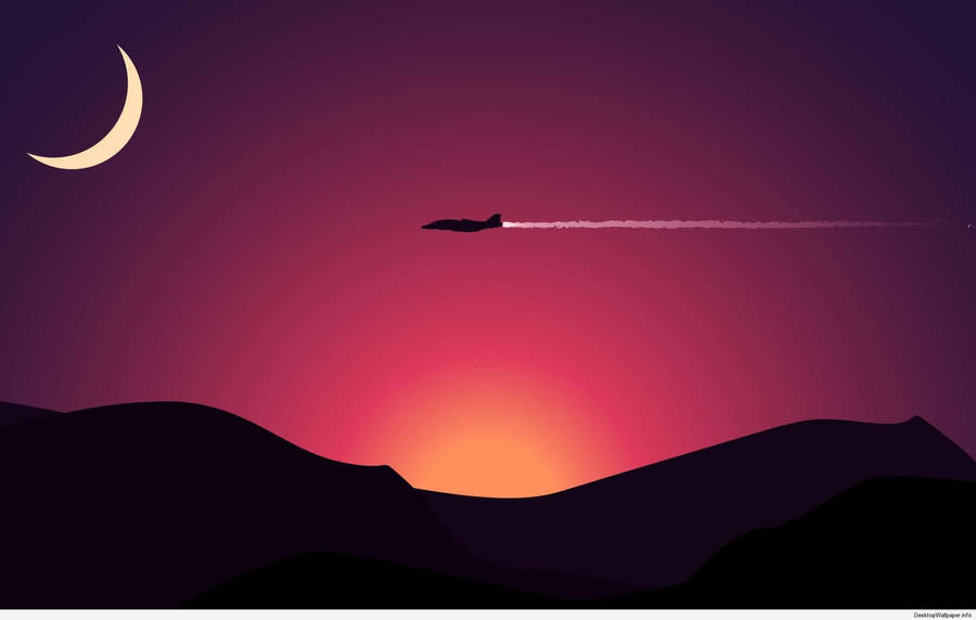 Sunset And Aeroplane Minimalist Wallpaper