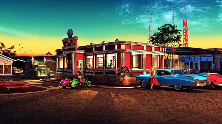 Sunset At 50s Diner Wallpaper