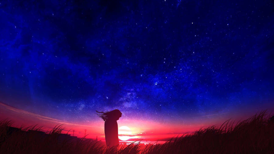 Sunset In Fields Anime Night Sky Wallpaper