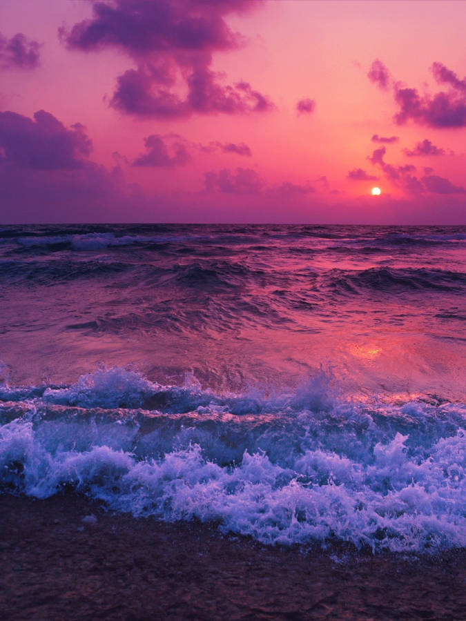 Sunset Ocean Pink Waves Wallpaper