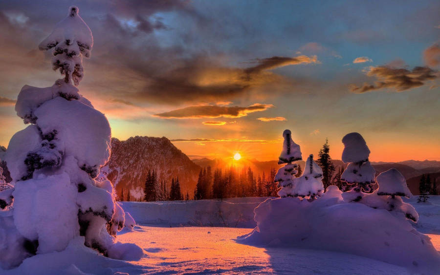 Sunset On Mount Rainier Winter Desktop Wallpaper