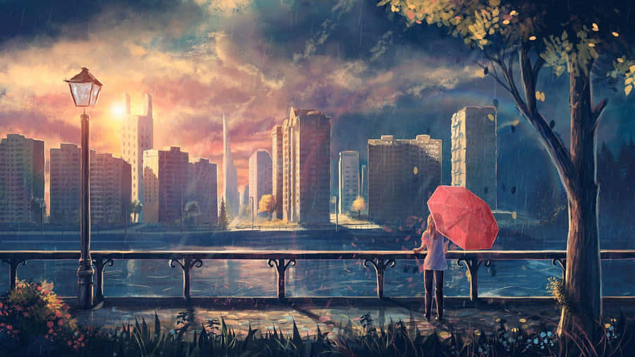 Sunset Raininthe City Anime Scene Wallpaper