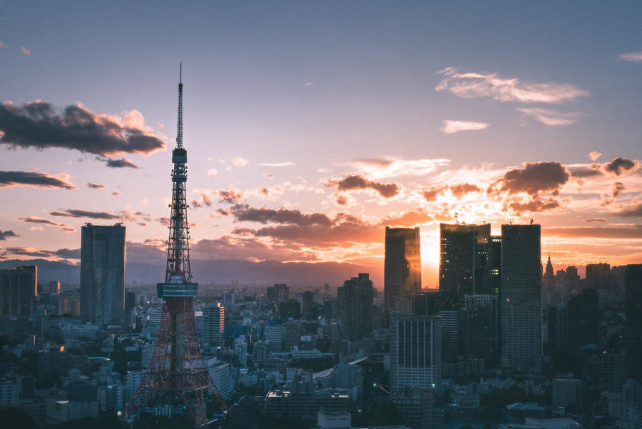 Sunset Tower View In Fukuoka Wallpaper