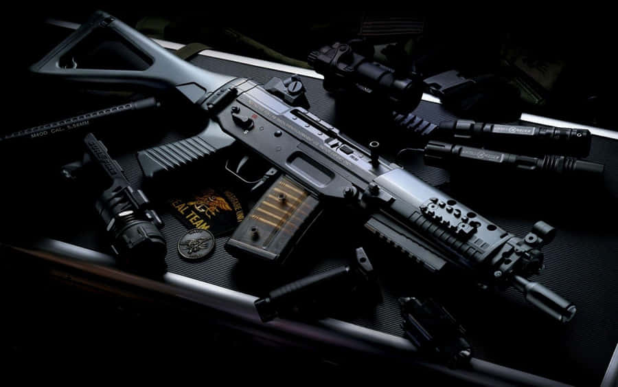 Tactical Rifleand Accessories Dark Background Wallpaper