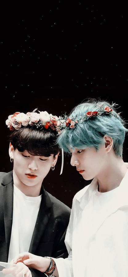 Taekook Bts Wearing Flower Crowns Wallpaper