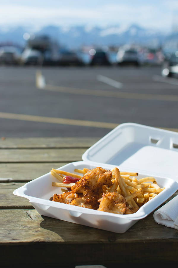 Takeaway Fish And Chips In Styrofoam Wallpaper