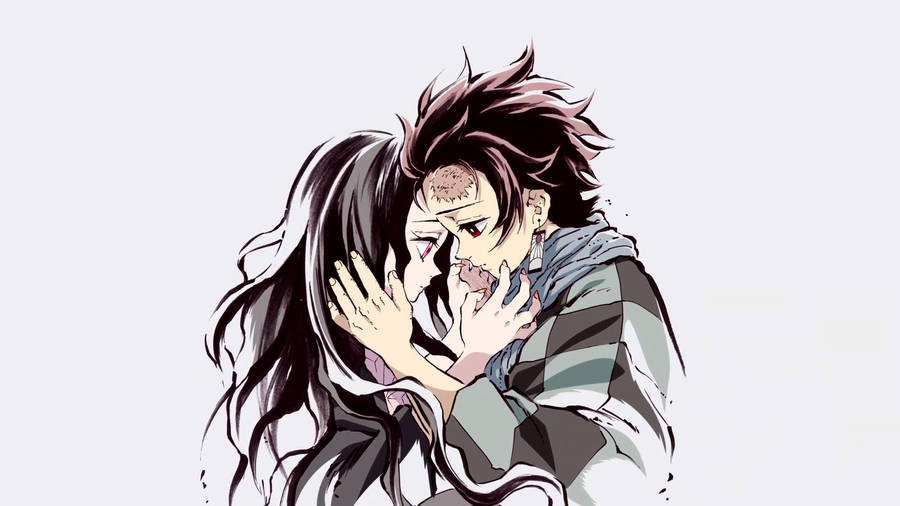 Tanjiro And Nezuko Holding Face Wallpaper