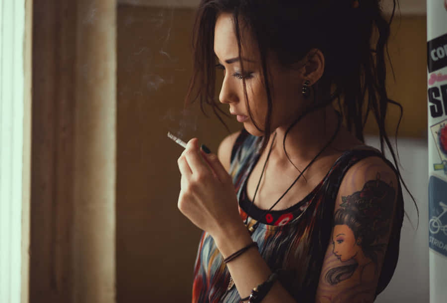 Tattooed Asian Girl Smoking Wallpaper