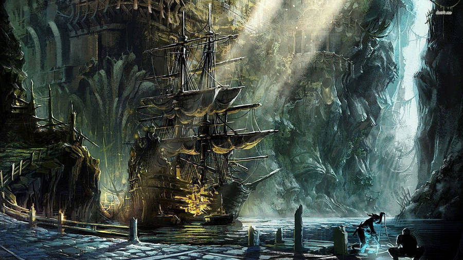 Tera Pirate Ship In Harbor Wallpaper