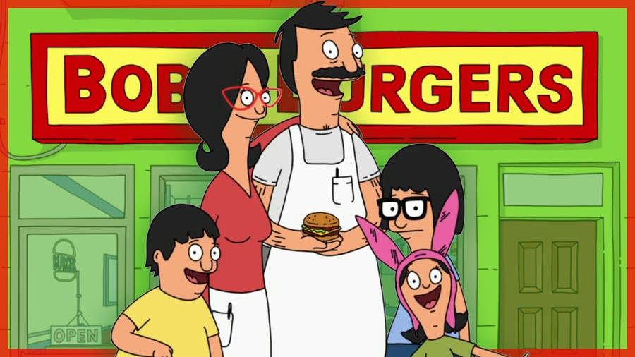 The Belcher Family Standing In Front Of Bob's Burgers Restaurant Wallpaper