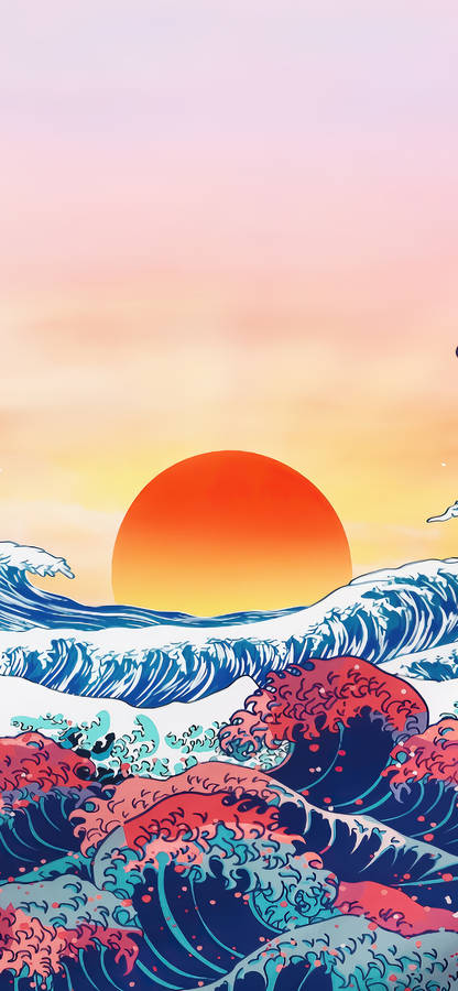 The Great Wave Sunset Cool Android Art Wallpaper