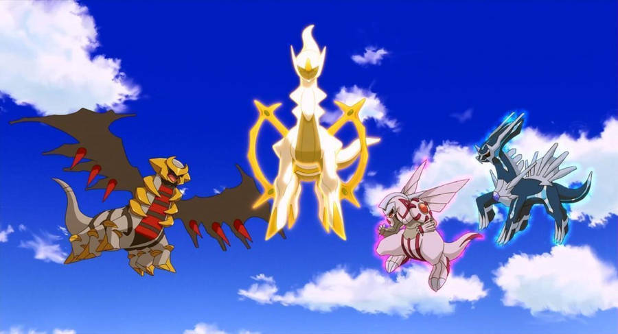 The Legendary Pokémon Arceus With The Creation Trio Wallpaper