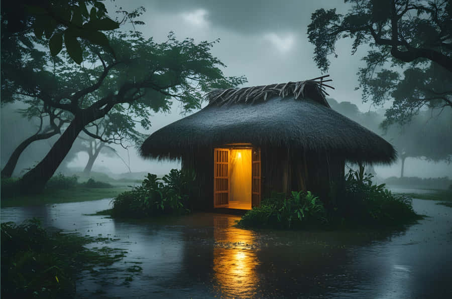 The Rainy Session With A Small Hut Wallpaper