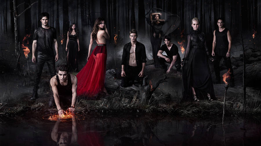 The Vampire Diaries Characters In Dark Forest Wallpaper