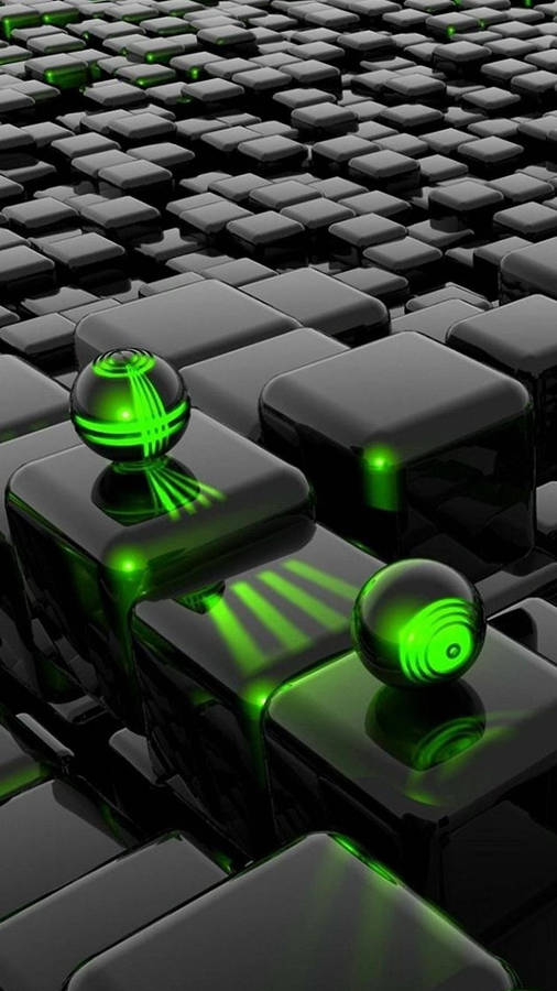 Three 3d Neon Green Balls Resting On Black Cubes Wallpaper