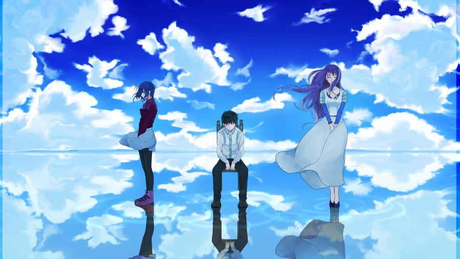 Three Anime Girls Standing In The Clouds Wallpaper