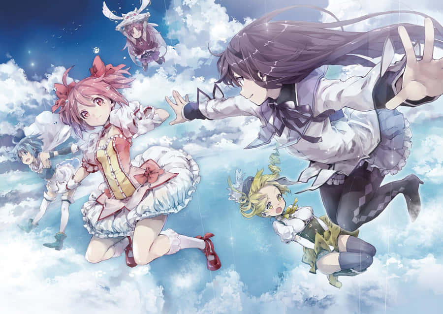 Three Heroes Of Puella Magi Madoka Magica Standing Together Wallpaper