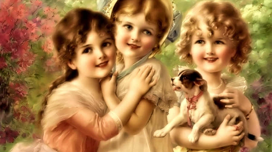 Three Little Girls Holding A Dog Wallpaper