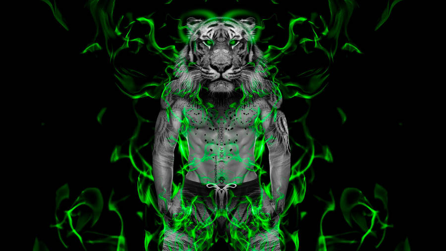 Tiger Head Human With Green Fire Wallpaper