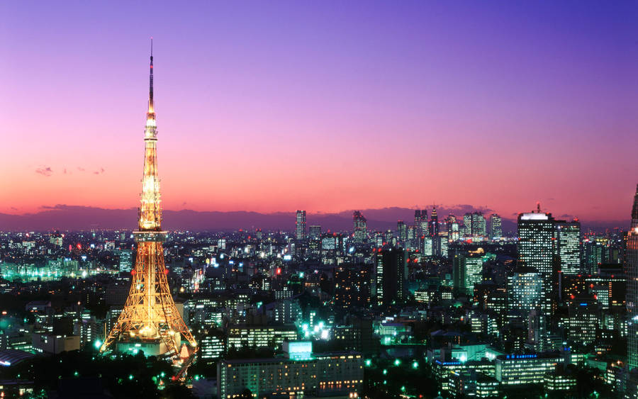 Tokyo Tower Against Purple Orange Sunset Wallpaper