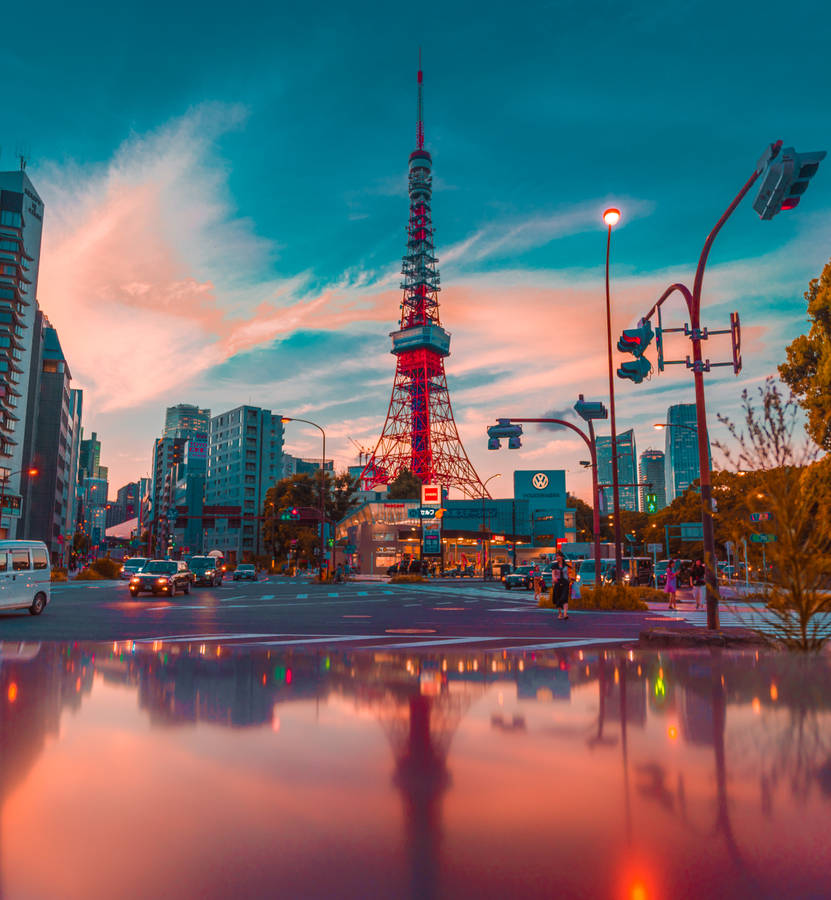 Tokyo Tower Overlooking City Street Wallpaper