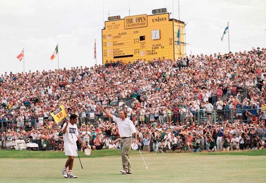 Tom Lehman Waving Amidst A Crowd Wallpaper