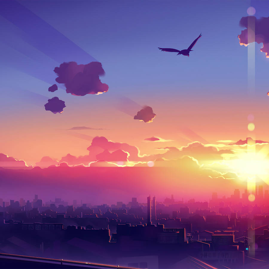 Tranquil Anime City During Sunset On An Ipad Wallpaper