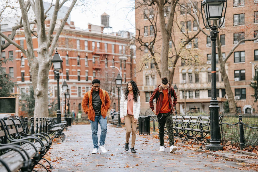 Trio Walking In City Best Autumn Wallpaper