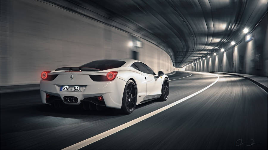 Tunnel With Speeding White Ferrari Ipad Wallpaper