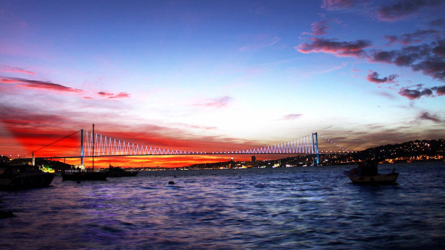 Turkey, Sea, Bridge, Night, Lights City Wallpaper